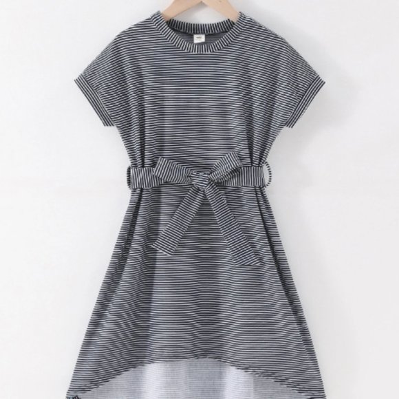 SHEIN Other - Girls Striped Batwing Sleeve High Low Hem Belted Dress Size: 11/12 Black & White
